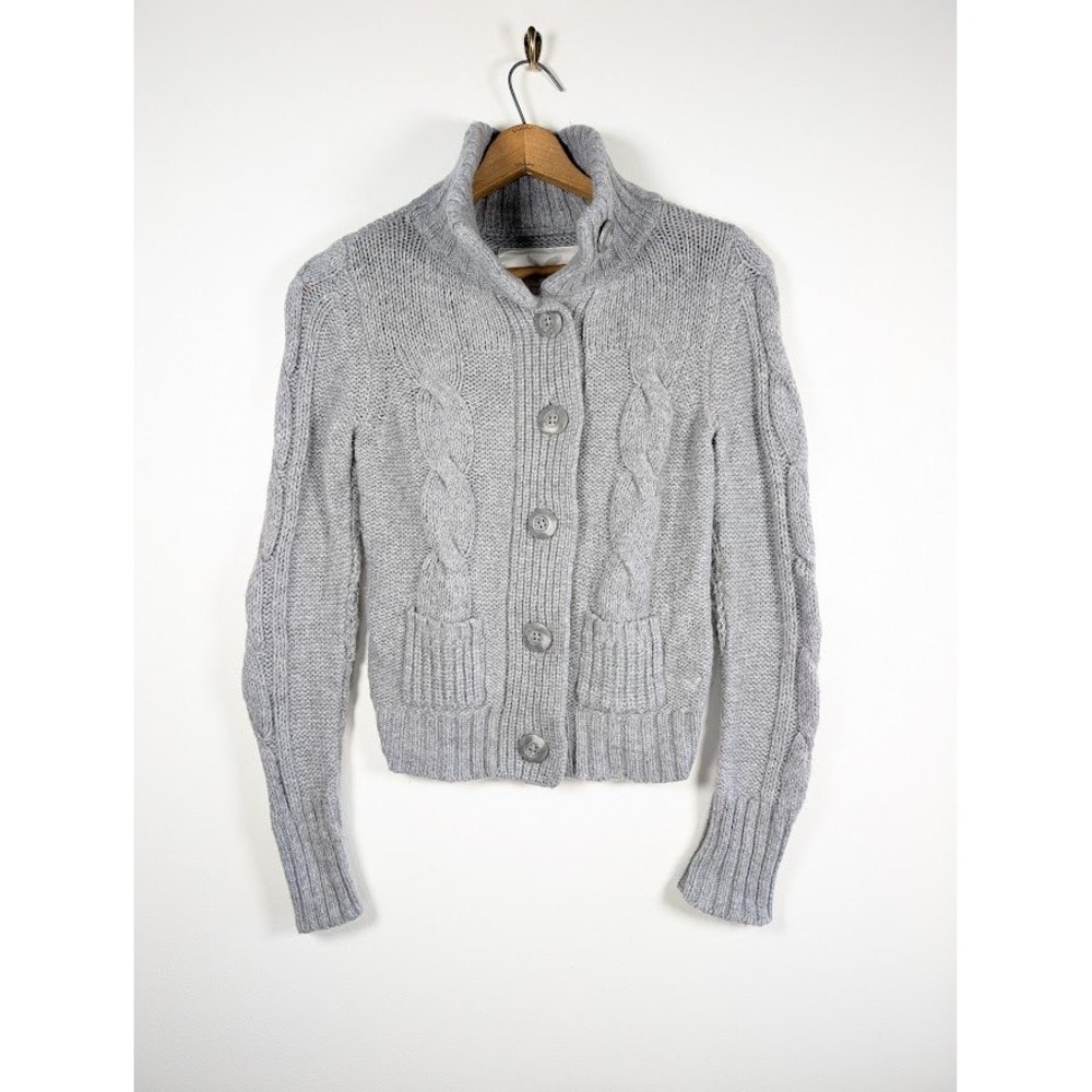 American Eagle Cardigan Sweater Medium Cable Knit Academia Fisherman Wool Blend